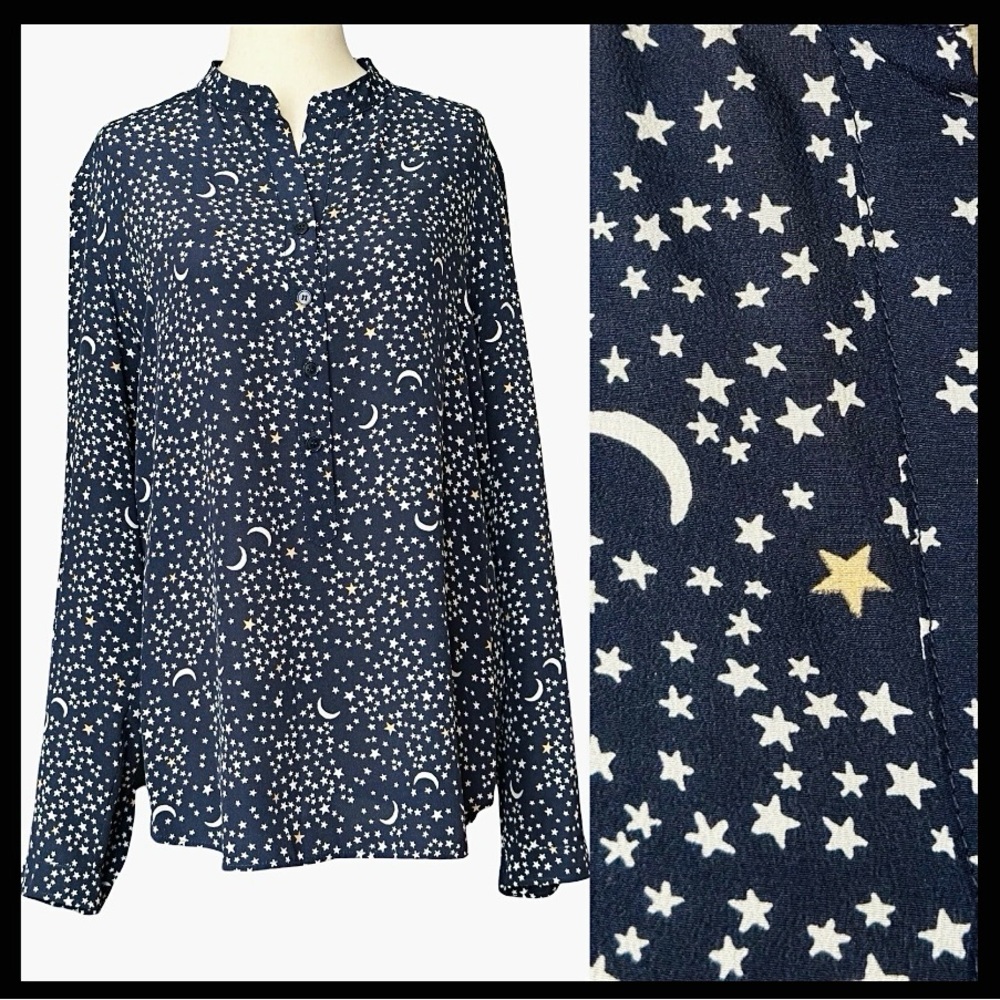 STELLA McCARTNEY Moon & Stars Celestial Silk Blouse Navy Blue Sz 8 42 MRP $695